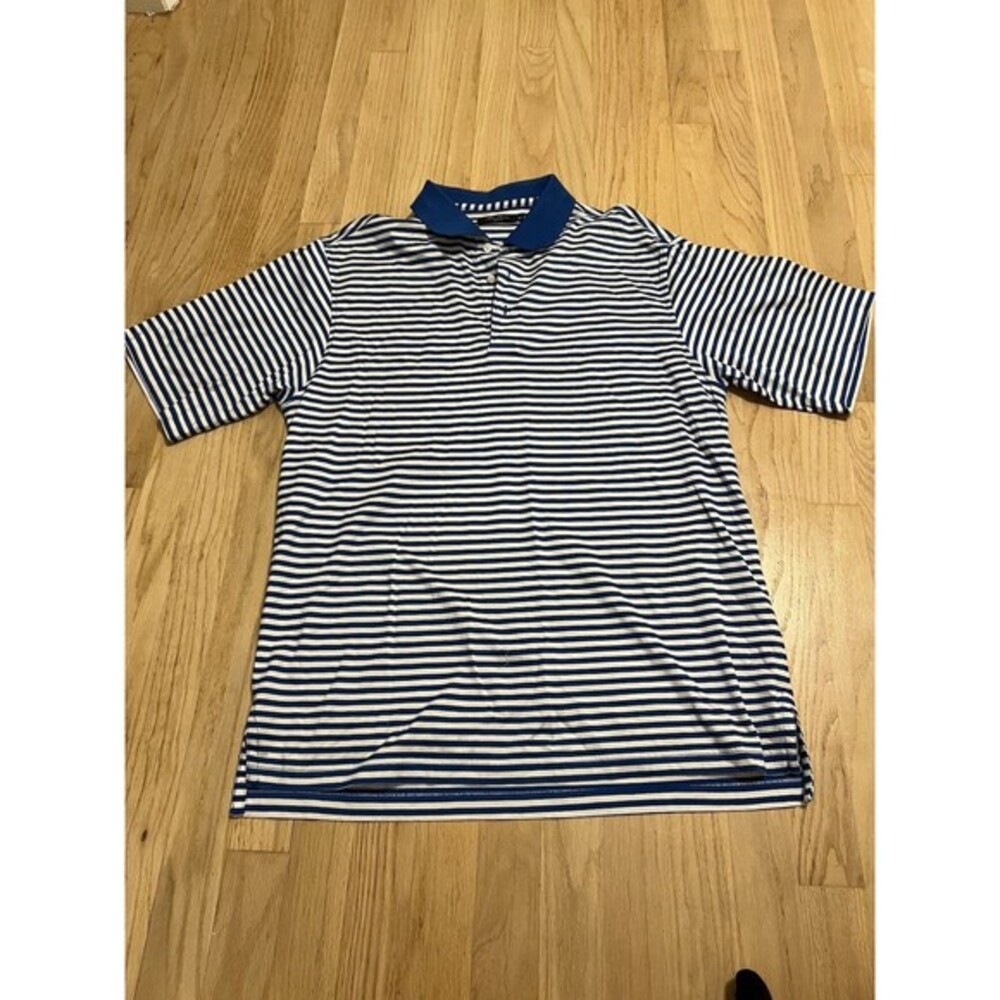 Alan Flusser Golf Mens Blue White Striped Double Mercerized Cotton Polo Shirt M